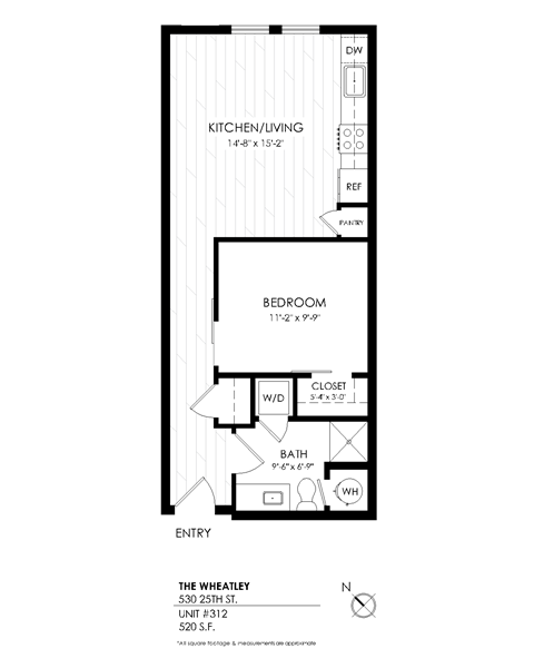 Floor plan for 1 bed, 1 bath, 572 sqft
